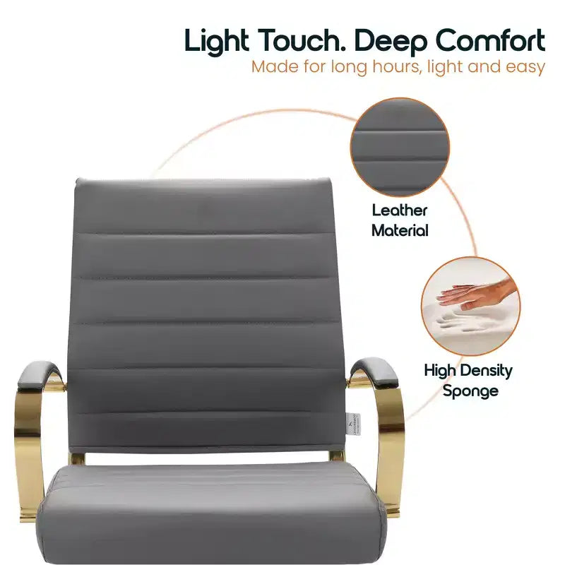 Chaise de bureau en cuir LeisureMod Benmar avec accents dorés, hauteur réglable, base pivotante, design ergonomique pour bureau à domicile, étude ou espace de travail
