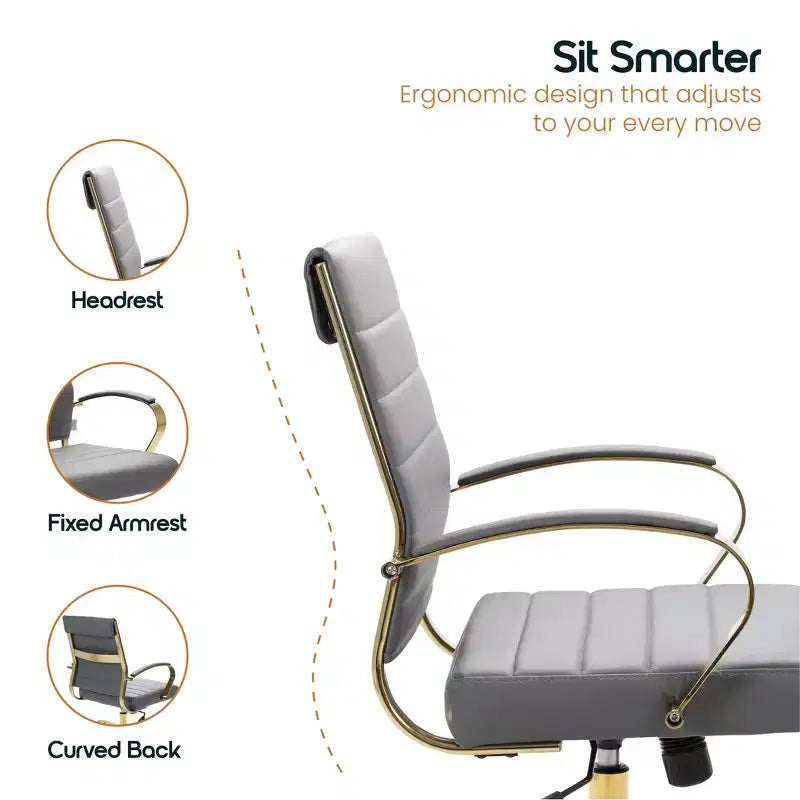 Chaise de bureau en cuir LeisureMod Benmar avec accents dorés, hauteur réglable, base pivotante, design ergonomique pour bureau à domicile, étude ou espace de travail