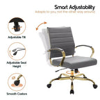 Chaise de bureau en cuir LeisureMod Benmar avec accents dorés, hauteur réglable, base pivotante, design ergonomique pour bureau à domicile, étude ou espace de travail