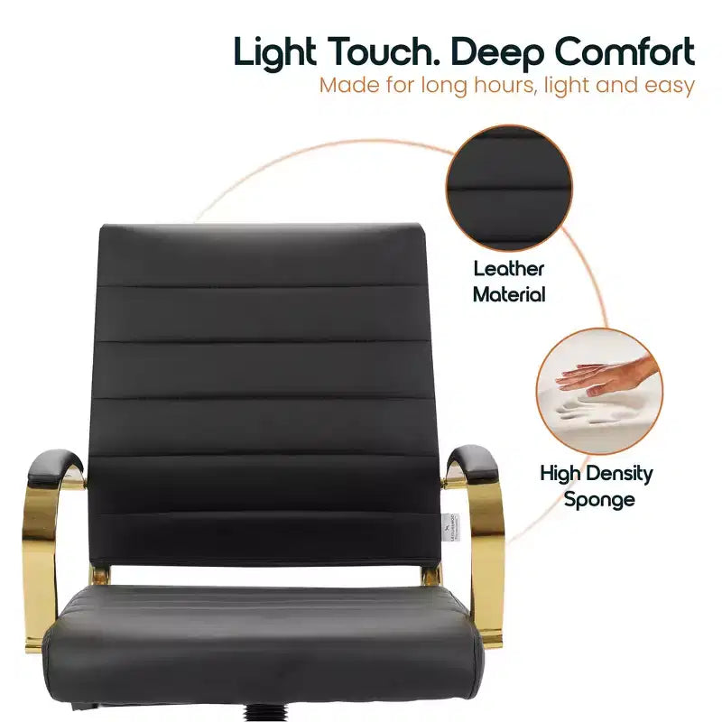 Chaise de bureau en cuir LeisureMod Benmar avec accents dorés, hauteur réglable, base pivotante, design ergonomique pour bureau à domicile, étude ou espace de travail