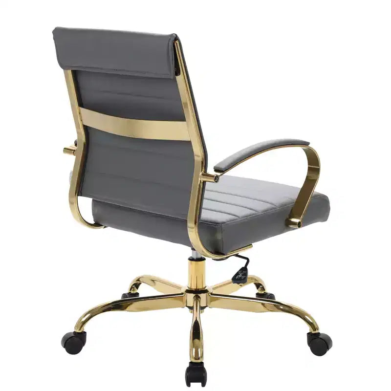 Chaise de bureau en cuir LeisureMod Benmar avec accents dorés, hauteur réglable, base pivotante, design ergonomique pour bureau à domicile, étude ou espace de travail
