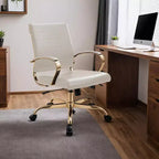 Chaise de bureau en cuir LeisureMod Benmar avec accents dorés, hauteur réglable, base pivotante, design ergonomique pour bureau à domicile, étude ou espace de travail