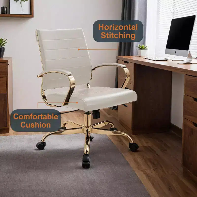 Chaise de bureau en cuir LeisureMod Benmar avec accents dorés, hauteur réglable, base pivotante, design ergonomique pour bureau à domicile, étude ou espace de travail