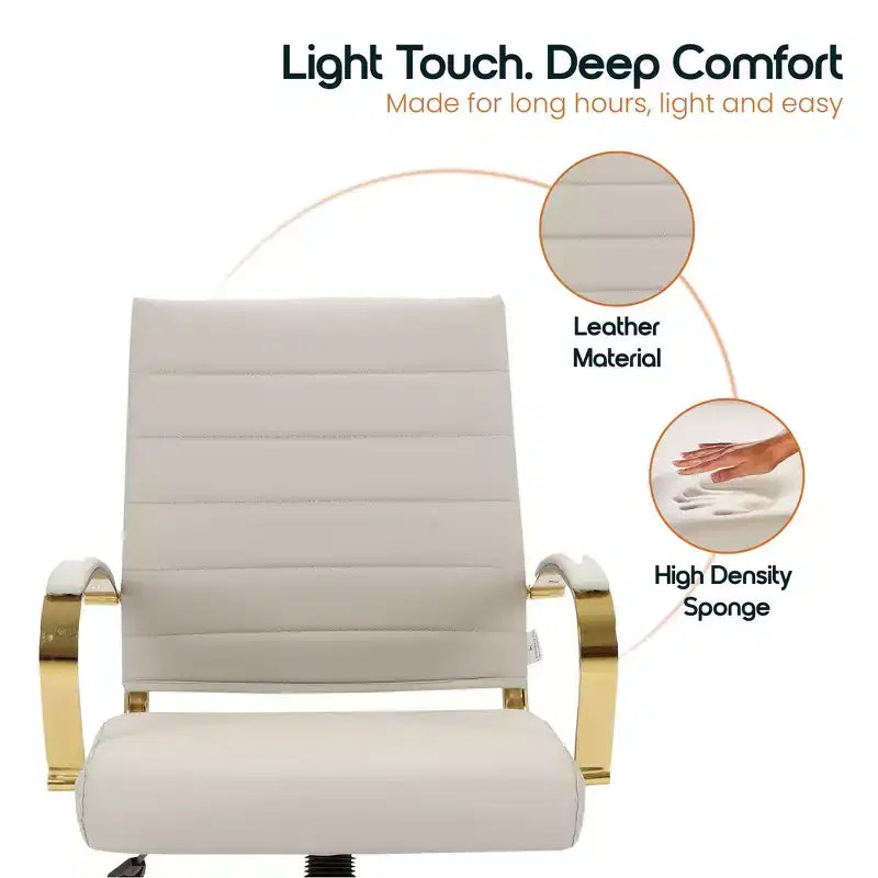 Chaise de bureau en cuir LeisureMod Benmar avec accents dorés, hauteur réglable, base pivotante, design ergonomique pour bureau à domicile, étude ou espace de travail