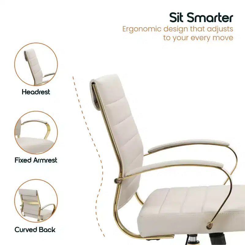Chaise de bureau en cuir LeisureMod Benmar avec accents dorés, hauteur réglable, base pivotante, design ergonomique pour bureau à domicile, étude ou espace de travail