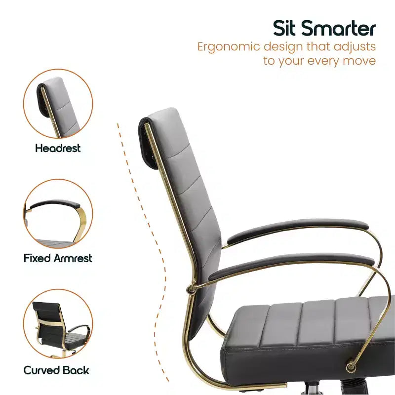 Chaise de bureau en cuir LeisureMod Benmar avec accents dorés, hauteur réglable, base pivotante, design ergonomique pour bureau à domicile, étude ou espace de travail