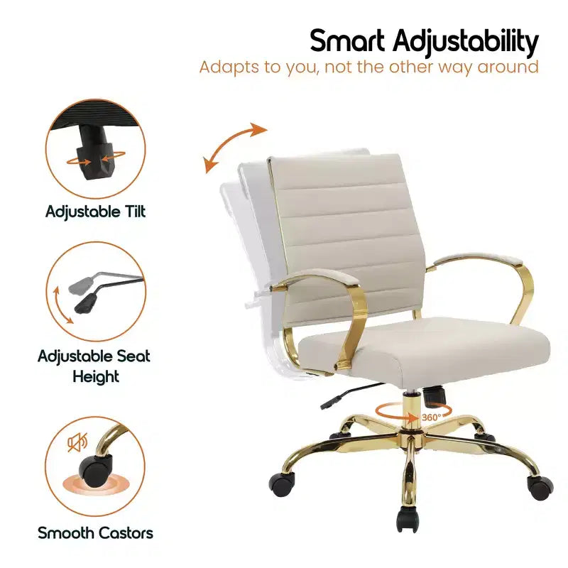 Chaise de bureau en cuir LeisureMod Benmar avec accents dorés, hauteur réglable, base pivotante, design ergonomique pour bureau à domicile, étude ou espace de travail