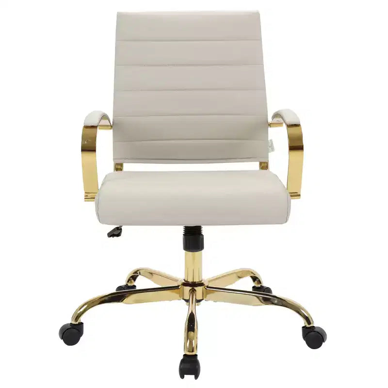 Chaise de bureau en cuir LeisureMod Benmar avec accents dorés, hauteur réglable, base pivotante, design ergonomique pour bureau à domicile, étude ou espace de travail