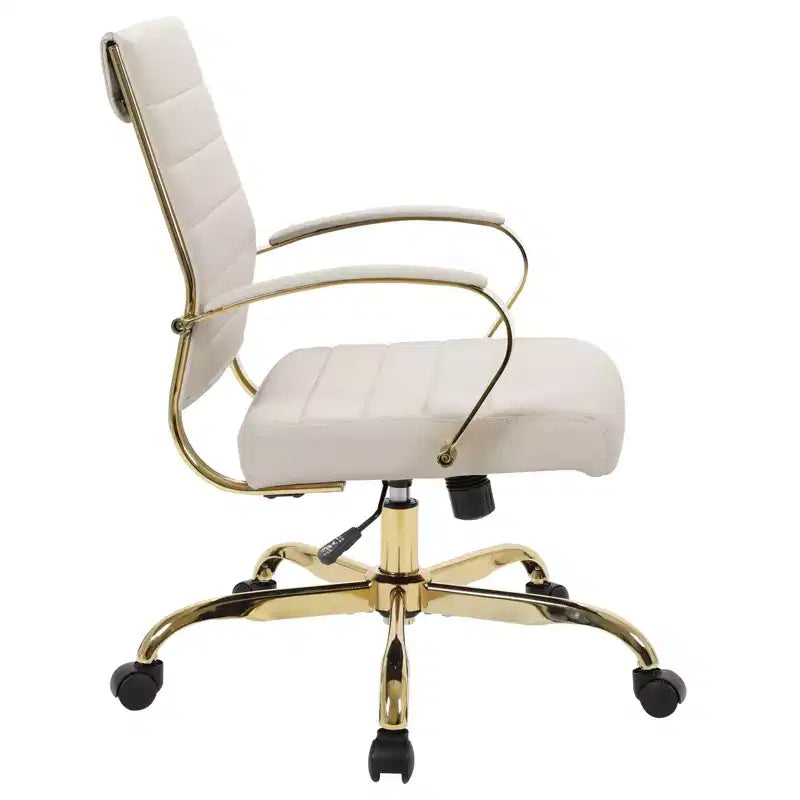 Chaise de bureau en cuir LeisureMod Benmar avec accents dorés, hauteur réglable, base pivotante, design ergonomique pour bureau à domicile, étude ou espace de travail