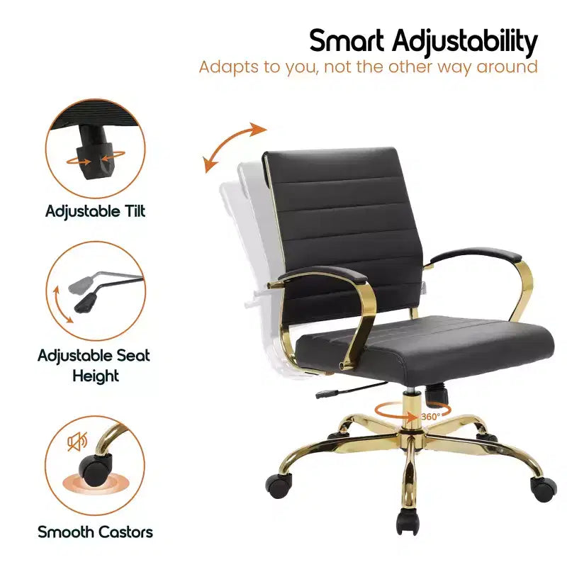 Chaise de bureau en cuir LeisureMod Benmar avec accents dorés, hauteur réglable, base pivotante, design ergonomique pour bureau à domicile, étude ou espace de travail