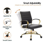 Chaise de bureau en cuir LeisureMod Benmar avec accents dorés, hauteur réglable, base pivotante, design ergonomique pour bureau à domicile, étude ou espace de travail