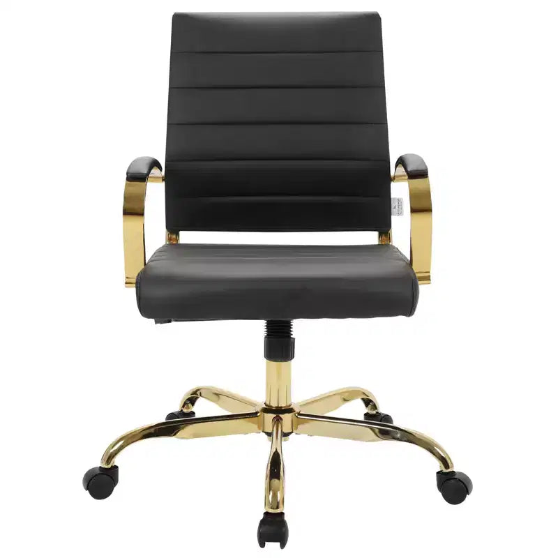 Chaise de bureau en cuir LeisureMod Benmar avec accents dorés, hauteur réglable, base pivotante, design ergonomique pour bureau à domicile, étude ou espace de travail