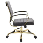 Chaise de bureau en cuir LeisureMod Benmar avec accents dorés, hauteur réglable, base pivotante, design ergonomique pour bureau à domicile, étude ou espace de travail