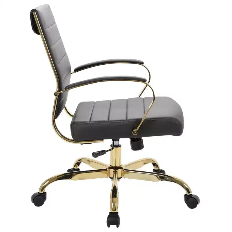 Chaise de bureau en cuir LeisureMod Benmar avec accents dorés, hauteur réglable, base pivotante, design ergonomique pour bureau à domicile, étude ou espace de travail