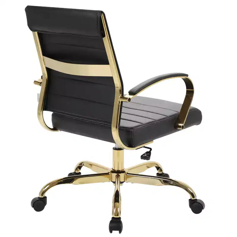 Chaise de bureau en cuir LeisureMod Benmar avec accents dorés, hauteur réglable, base pivotante, design ergonomique pour bureau à domicile, étude ou espace de travail