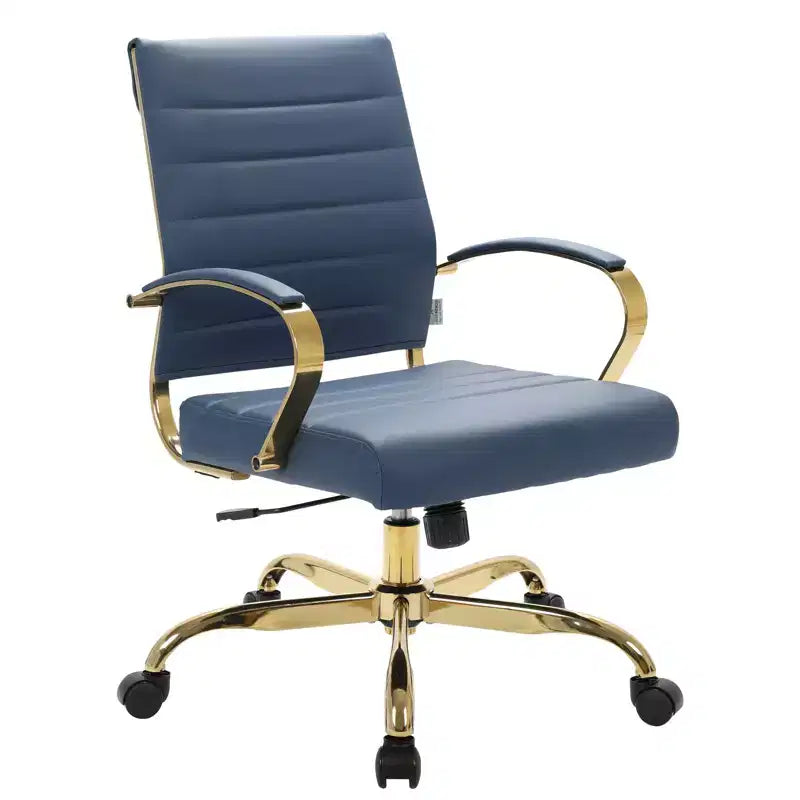 Chaise de bureau en cuir LeisureMod Benmar avec accents dorés, hauteur réglable, base pivotante, design ergonomique pour bureau à domicile, étude ou espace de travail