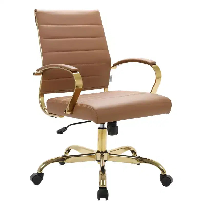 Chaise de bureau en cuir LeisureMod Benmar avec accents dorés, hauteur réglable, base pivotante, design ergonomique pour bureau à domicile, étude ou espace de travail