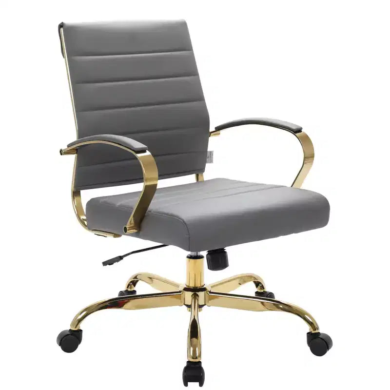 Chaise de bureau en cuir LeisureMod Benmar avec accents dorés, hauteur réglable, base pivotante, design ergonomique pour bureau à domicile, étude ou espace de travail