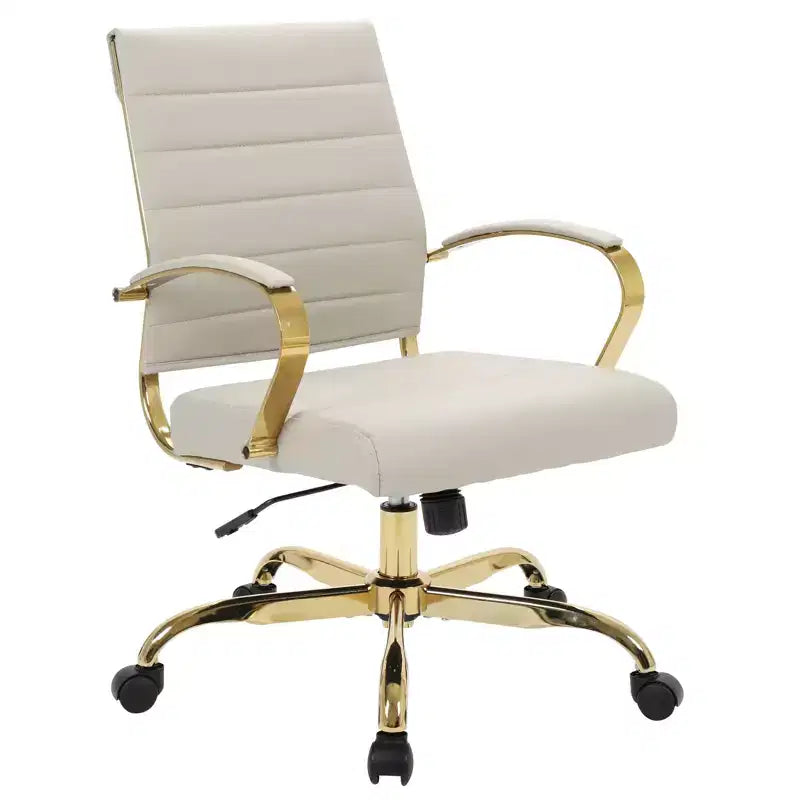 Chaise de bureau en cuir LeisureMod Benmar avec accents dorés, hauteur réglable, base pivotante, design ergonomique pour bureau à domicile, étude ou espace de travail