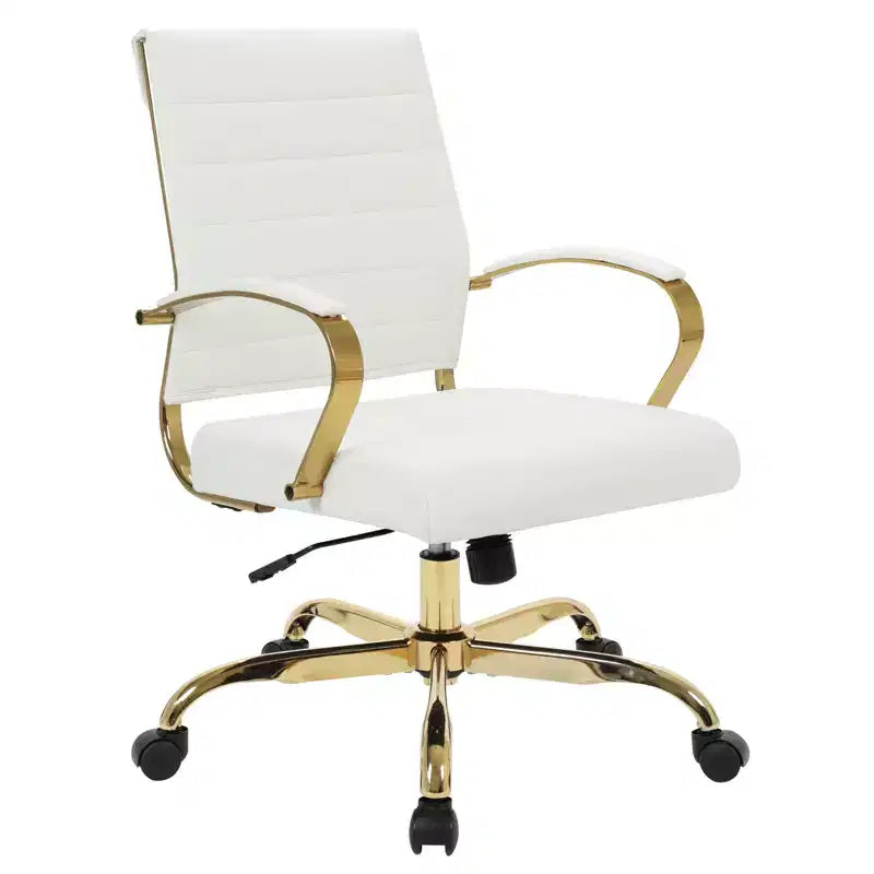 Chaise de bureau en cuir LeisureMod Benmar avec accents dorés, hauteur réglable, base pivotante, design ergonomique pour bureau à domicile, étude ou espace de travail