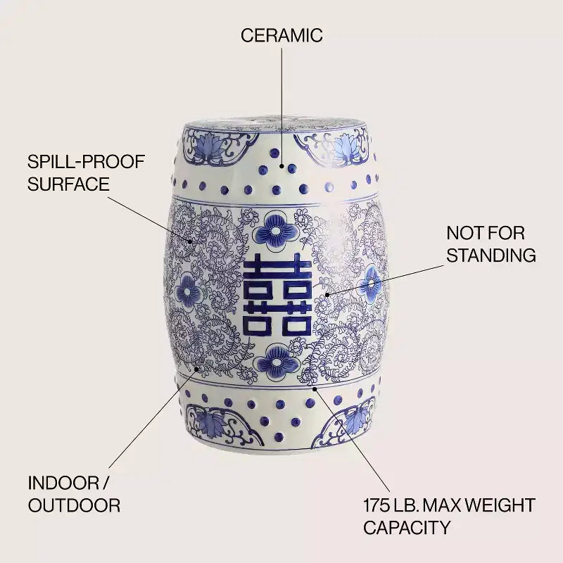 JONATHAN Y Double Happiness 18 Tabouret de jardin/Table d'appoint en céramique Chinoiserie