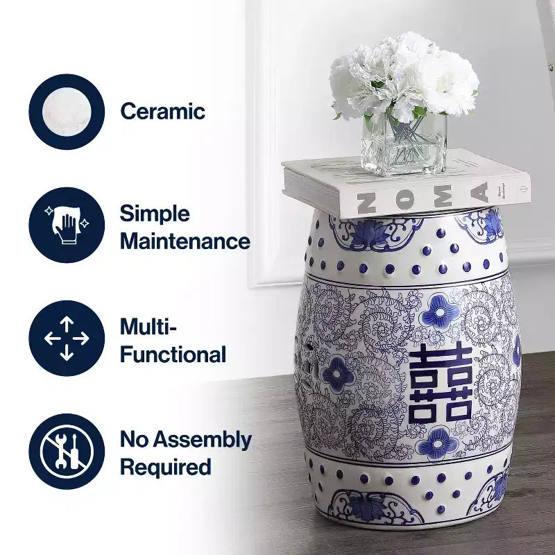 JONATHAN Y Double Happiness 18 Tabouret de jardin/Table d'appoint en céramique Chinoiserie