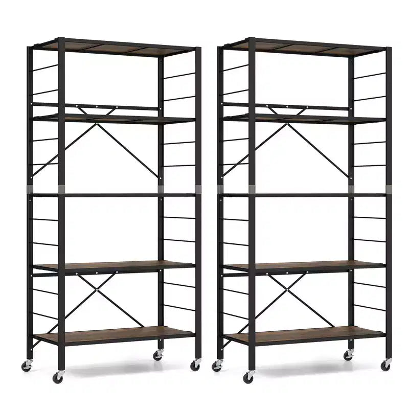 Costway 2 PCS 5-Tier Folding Shelf Free DIY Design Shelving Unit with 4 Universal Wheels Black/Natural