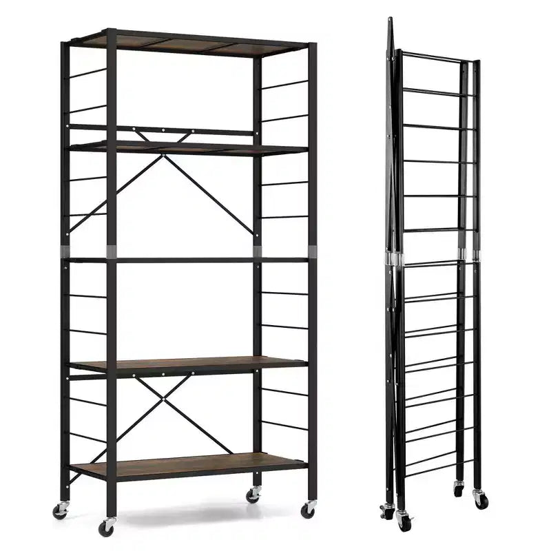 Costway Lot de 2 étagères pliantes à 5 niveaux, conception DIY, avec 4 roulettes universelles Noir/Naturel
