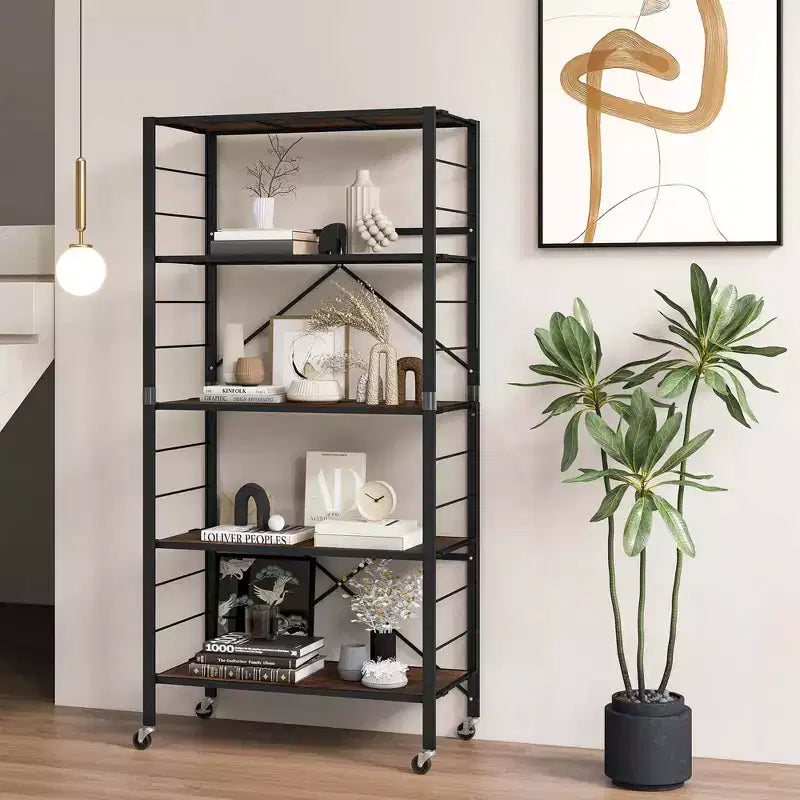 Costway Lot de 2 étagères pliantes à 5 niveaux, conception DIY, avec 4 roulettes universelles Noir/Naturel