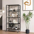 Costway Lot de 2 étagères pliantes à 5 niveaux, conception DIY, avec 4 roulettes universelles Noir/Naturel