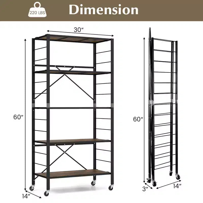 Costway Lot de 2 étagères pliantes à 5 niveaux, conception DIY, avec 4 roulettes universelles Noir/Naturel