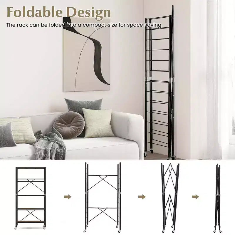 Costway Lot de 2 étagères pliantes à 5 niveaux, conception DIY, avec 4 roulettes universelles Noir/Naturel