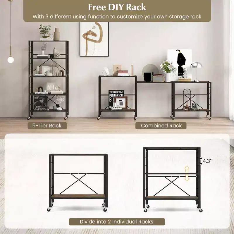 Costway Lot de 2 étagères pliantes à 5 niveaux, conception DIY, avec 4 roulettes universelles Noir/Naturel
