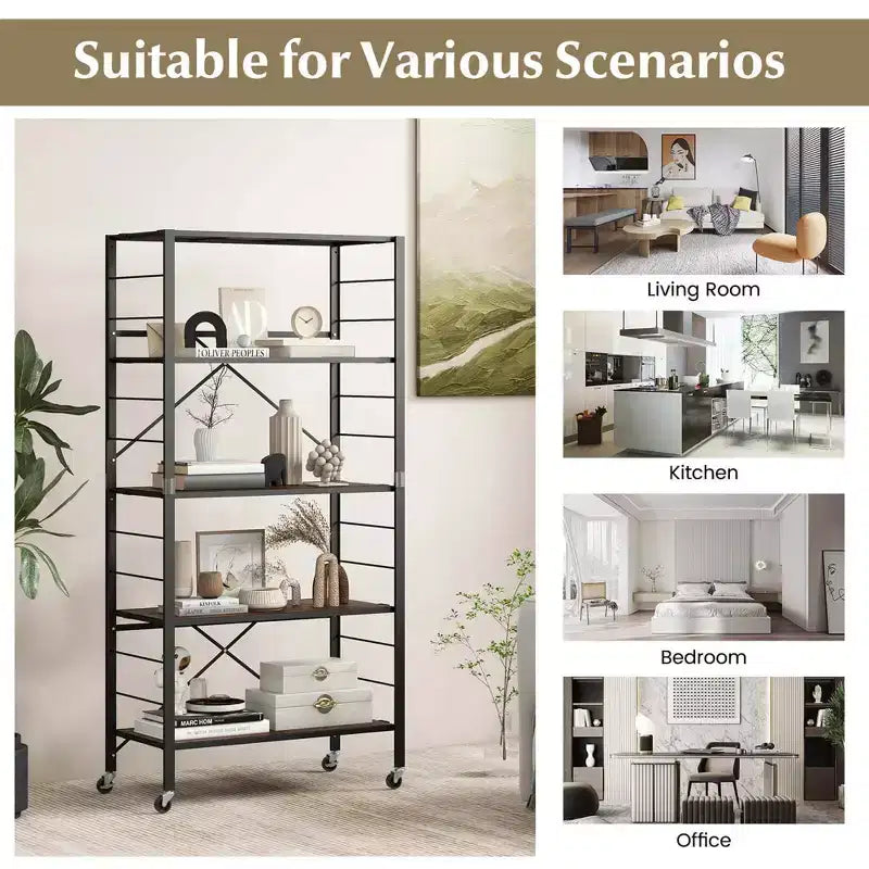 Costway Lot de 2 étagères pliantes à 5 niveaux, conception DIY, avec 4 roulettes universelles Noir/Naturel