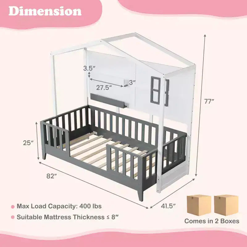 Lit cabane Costway pour enfants taille double avec fenêtre clôturée, lattes en bois et 2 étagères de rangement