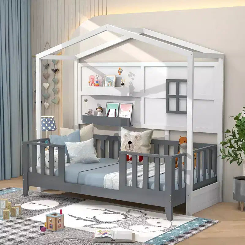 Lit cabane Costway pour enfants taille double avec fenêtre clôturée, lattes en bois et 2 étagères de rangement