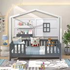 Lit cabane Costway pour enfants taille double avec fenêtre clôturée, lattes en bois et 2 étagères de rangement
