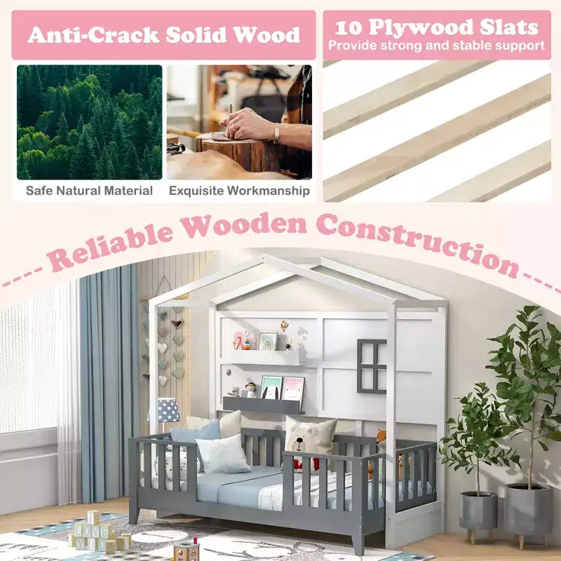 Lit cabane Costway pour enfants taille double avec fenêtre clôturée, lattes en bois et 2 étagères de rangement