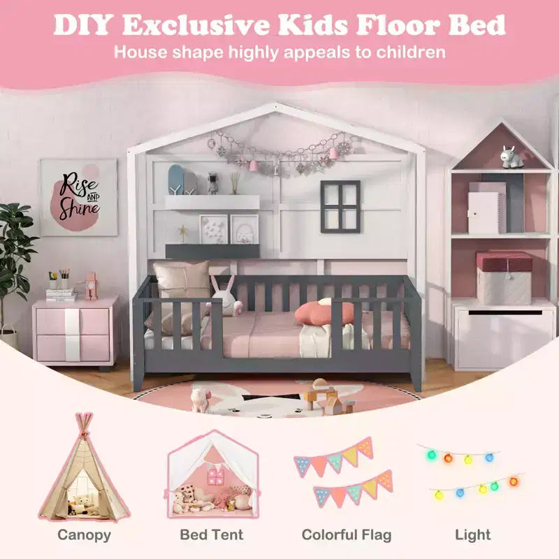Lit cabane Costway pour enfants taille double avec fenêtre clôturée, lattes en bois et 2 étagères de rangement