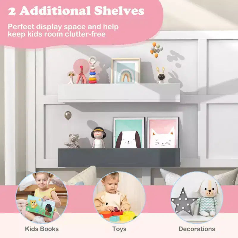 Lit cabane Costway pour enfants taille double avec fenêtre clôturée, lattes en bois et 2 étagères de rangement