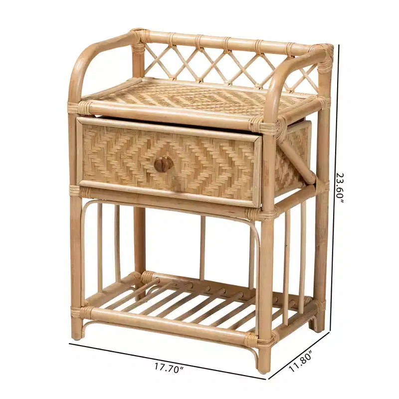 bali & pari Kobie Table de chevet bohème moderne en rotin naturel marron à 1 tiroir