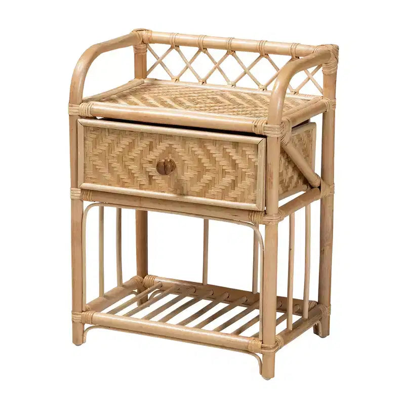 bali & pari Kobie Table de chevet bohème moderne en rotin naturel marron à 1 tiroir