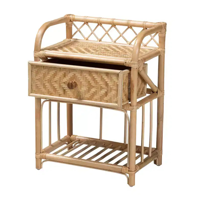 bali & pari Kobie Table de chevet bohème moderne en rotin naturel marron à 1 tiroir