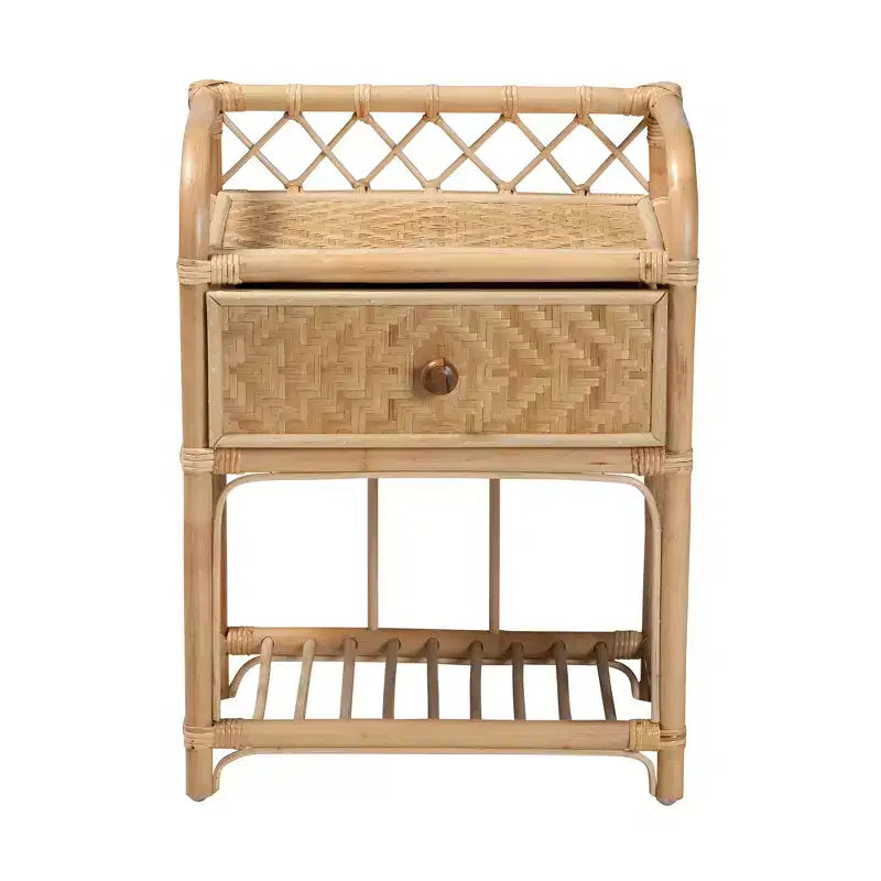 bali & pari Kobie Table de chevet bohème moderne en rotin naturel marron à 1 tiroir
