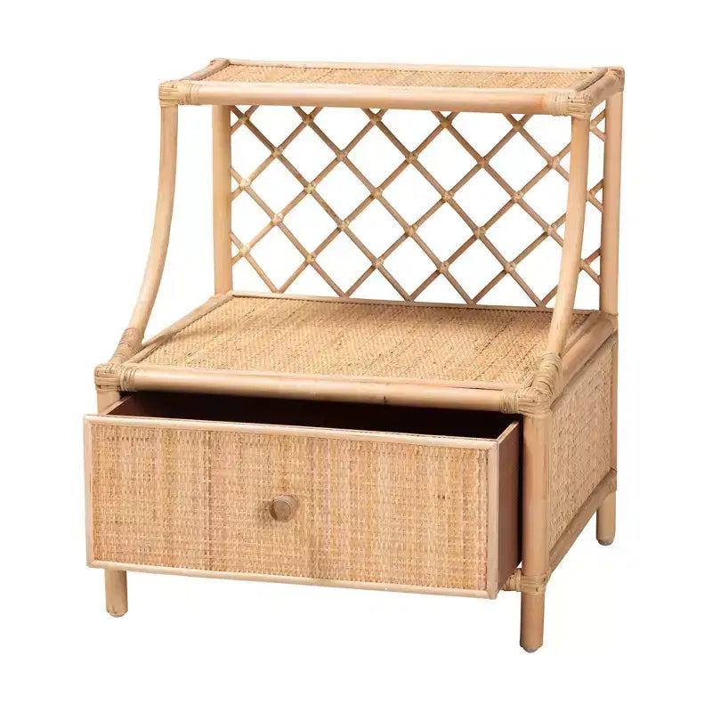 bali & pari Table de chevet Lalo moderne bohème en rotin naturel marron à 1 tiroir
