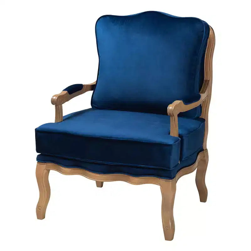 Fauteuil d'appoint traditionnel Baxton Studio Jules en tissu bleu marine et bois finition chêne français