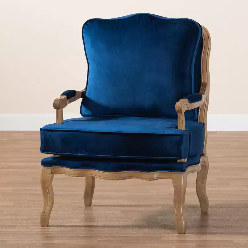 Fauteuil d'appoint traditionnel Baxton Studio Jules en tissu bleu marine et bois finition chêne français