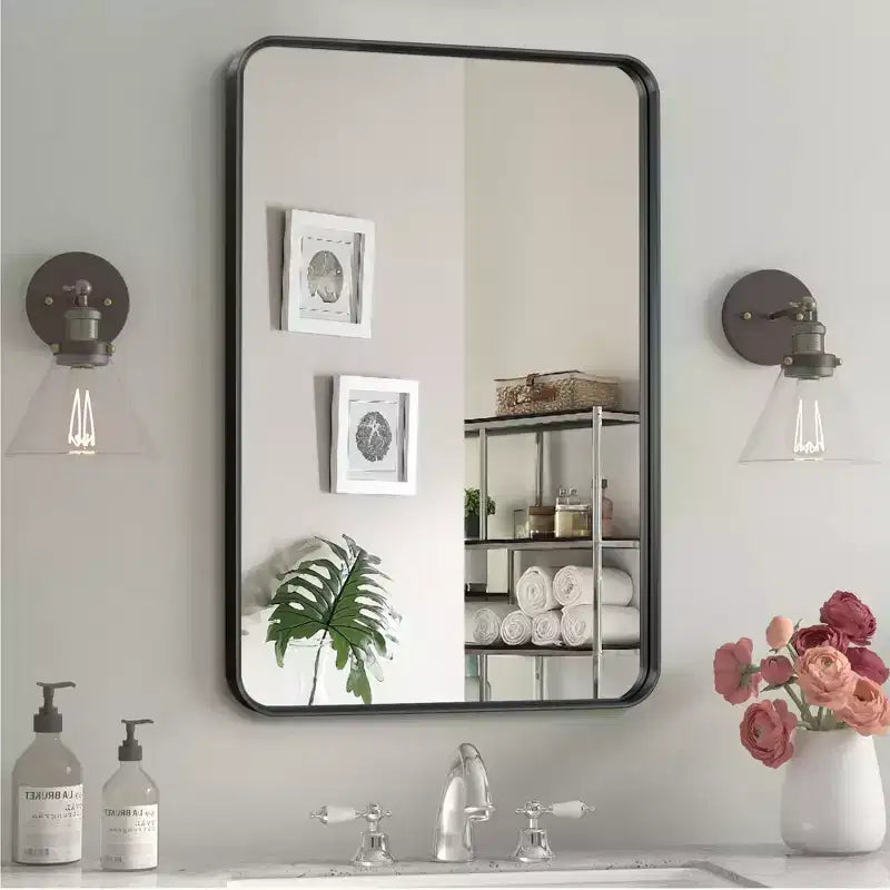 Miroir Mural Dovelina, Rectangle, Cadre Métallique, pour Salle de Bain