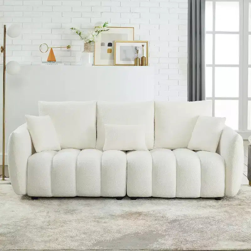 Canapé 3 places rembourré, canapé en tissu Teddy avec 3 coussins de dossier 4M -ModernLuxe