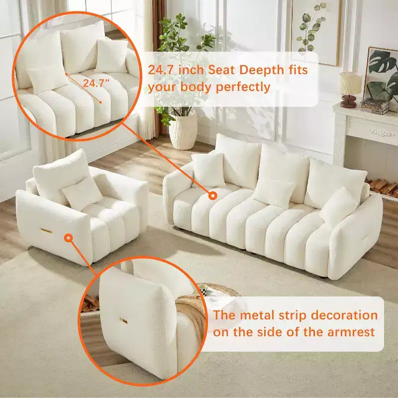 Canapé 3 places rembourré, canapé en tissu Teddy avec 3 coussins de dossier 4M -ModernLuxe